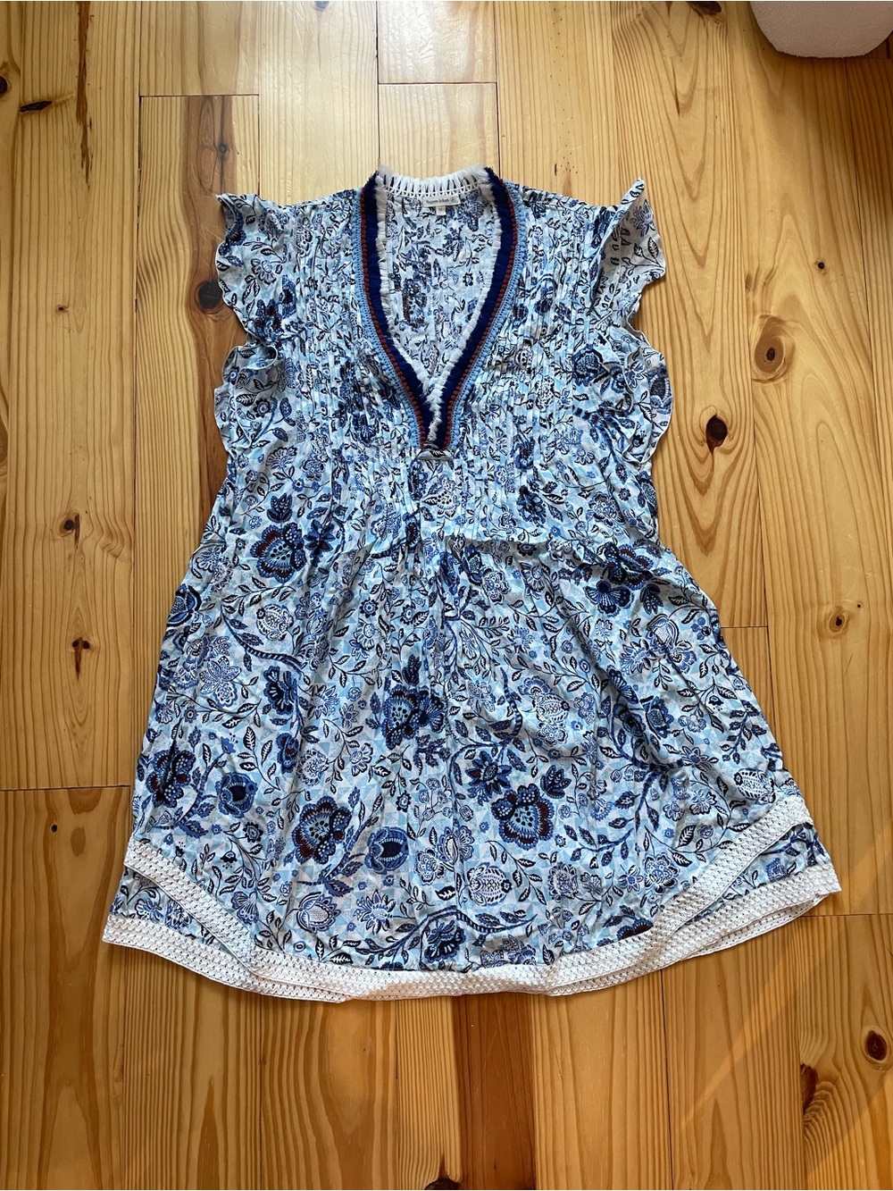 Poupette St. Barth Light Blue Floral V-Neck Tunic with Navy Trim